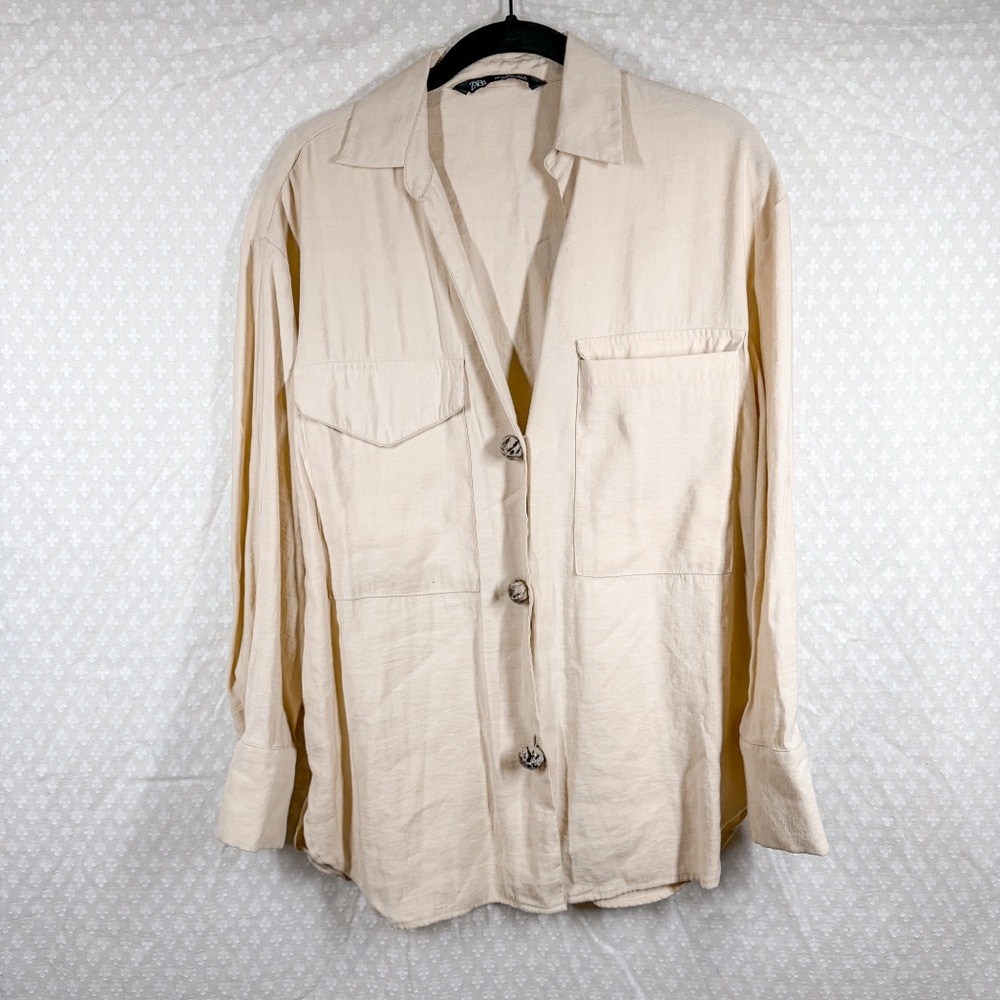Zara Tan Button Up‎ Pocket Long Sleeve Top